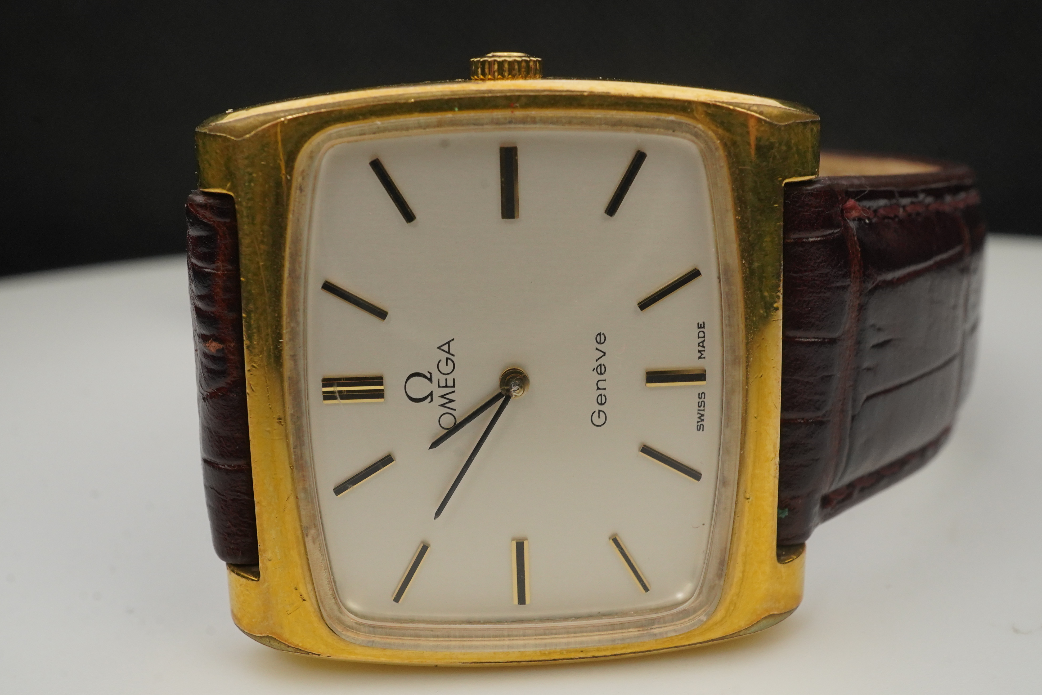 A gentleman's 1970's? steel and gold plated Omega manual wind dress wrist watch, on a later associated leather strap